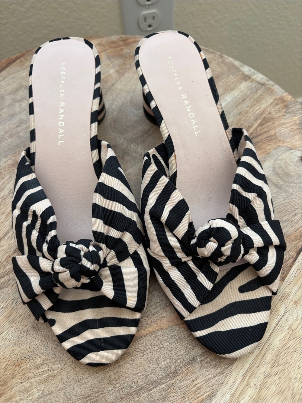 Loeffler Randall Black & Cream Zebra Knot Slide Mules